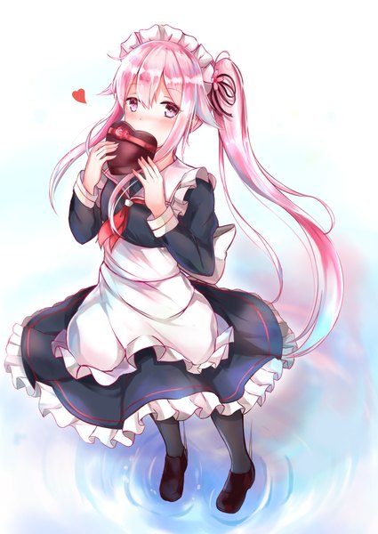 Anime picture 708x1000 with kantai collection harusame destroyer konka single long hair tall image looking at viewer blush fringe simple background hair between eyes white background holding pink hair full body pink eyes from above maid side ponytail valentine
