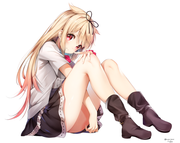 Anime picture 2133x1702 with kantai collection yuudachi destroyer nyum single long hair looking at viewer blush fringe highres light erotic blonde hair simple background smile red eyes white background sitting signed payot full body multicolored hair