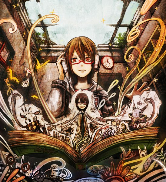 Anime picture 1920x2100 with nico nico singer sekihan tall image looking at viewer highres short hair open mouth red eyes brown hair sky light smile destruction boy glasses jacket headphones scarf book (books) insect butterfly