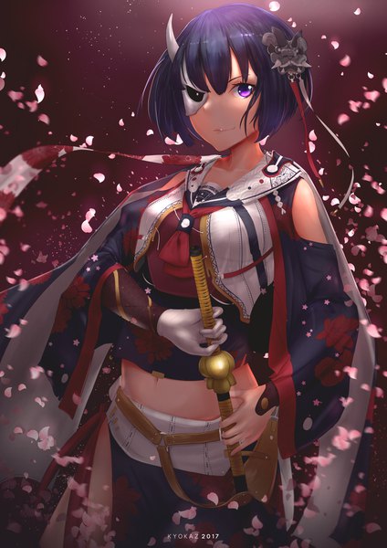 Anime picture 2893x4092 with busou shoujo machiavellism onigawara rin faiz azhar tall image looking at viewer fringe highres short hair black hair hair between eyes purple eyes signed light smile midriff dated red background sheathed sailor collar gloves hair ornament