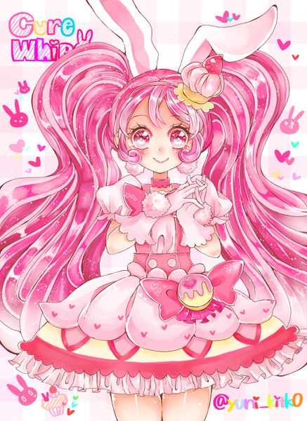 Anime picture 1824x2500 with precure kirakira precure a la mode original toei animation usami ichika cure whip yuni kitko single long hair tall image looking at viewer fringe highres smile standing animal ears pink hair pink eyes bunny ears symbol-shaped pupils