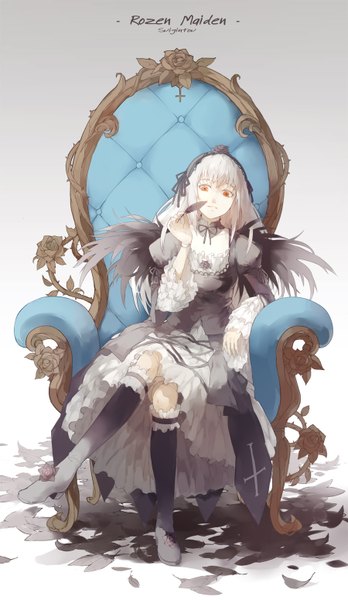 Anime picture 900x1549 with rozen maiden suigintou nine (liuyuhao1992) single long hair tall image simple background red eyes sitting white hair inscription grey background copyright name character names goth-loli girl dress wings feather (feathers) knee boots