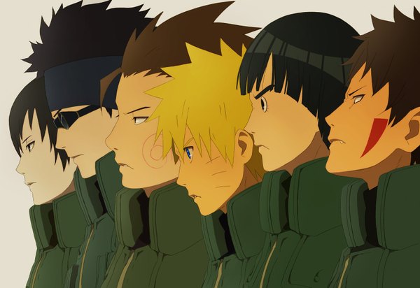 Anime picture 1600x1100 with naruto studio pierrot naruto (series) uzumaki naruto sai rock lee inuzuka kiba aburame shino akimichi chouji yuhka (pixiv) short hair black hair blonde hair brown hair facial mark group whisker markings jinchuriki boy uniform