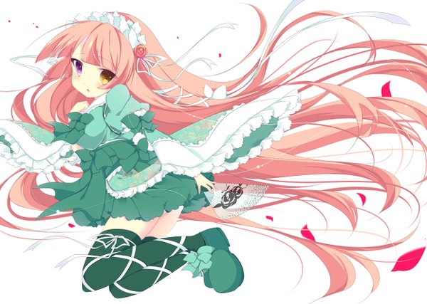 Anime picture 1252x892 with original umino mizu single looking at viewer blush simple background white background pink hair very long hair heterochromia girl thighhighs dress bow ribbon (ribbons) petals frills headdress fan