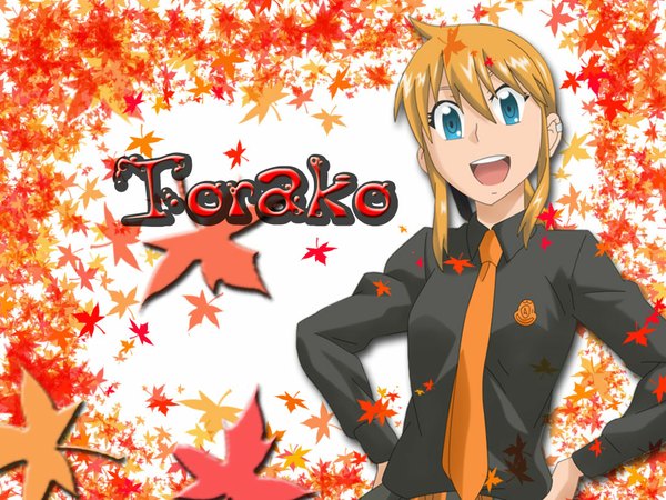 Anime picture 1024x768 with hyakko nippon animation kageyama torako single fringe short hair open mouth blue eyes blonde hair upper body head tilt character names piercing ear piercing autumn hands on hips girl necktie leaf (leaves) autumn leaves