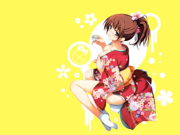 Anime picture 1600x1200 with tomose shunsaku blue eyes light erotic brown hair sitting cleavage ponytail traditional clothes japanese clothes no shoes yellow background girl kimono alcohol sake choko (cup)