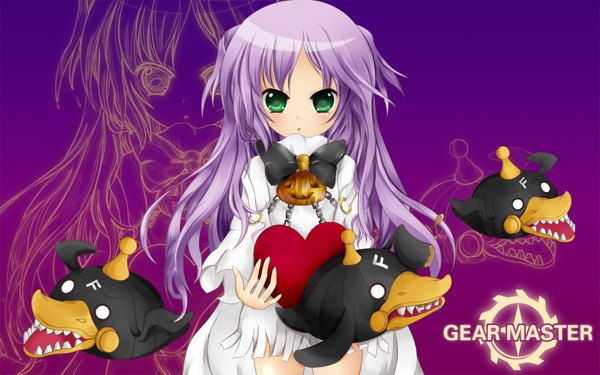 Anime picture 1680x1050 with dragon nest aribayuuki single long hair looking at viewer blush wide image green eyes purple hair loli girl dress heart bowtie