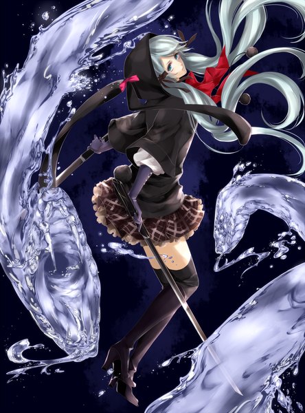 Anime picture 800x1080 with original mine (3ne) long hair tall image looking at viewer simple background pleated skirt looking back aqua eyes aqua hair high heels plaid skirt dark background blue background girl thighhighs skirt gloves ribbon (ribbons) weapon