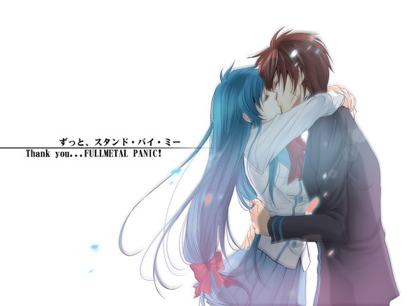 Anime picture 1453x1064 with full metal panic! gonzo chidori kaname sagara sousuke tagme (artist) long hair short hair simple background brown hair white background eyes closed wind aqua hair inscription couple hug happy scar low ponytail face to face
