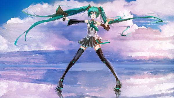 Anime picture 1595x900 with vocaloid hatsune miku blackrabbitsoul single looking at viewer open mouth wide image cloud (clouds) very long hair aqua eyes aqua hair zettai ryouiki girl skirt detached sleeves miniskirt water necktie headphones thigh boots