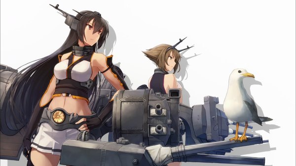 Anime picture 1920x1080 with kantai collection nagato battleship mutsu battleship shizuma yoshinori long hair highres short hair breasts black hair simple background red eyes brown hair wide image white background multiple girls looking away official art bare belly shadow midriff