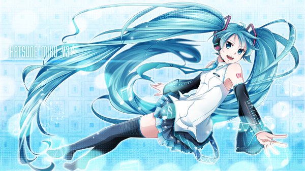 Anime picture 1366x768 with vocaloid hatsune miku tsujiori single looking at viewer wide image twintails bare shoulders very long hair aqua eyes aqua hair character names girl thighhighs skirt black thighhighs detached sleeves headphones