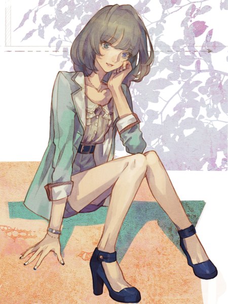 Anime picture 600x800 with idolmaster idolmaster cinderella girls takagaki kaede nishihara isao single tall image looking at viewer fringe short hair sitting nail polish grey hair mole arm support high heels mole under eye heterochromia casual multicolored nail polish white nail polish