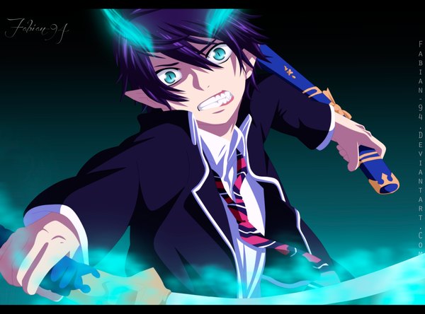 Anime picture 2000x1481 with ao no exorcist a-1 pictures okumura rin fabiansm single highres short hair purple hair aqua eyes pointy ears grin coloring magic dark background letterboxed boy weapon sword necktie katana