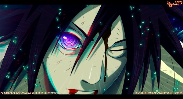 Anime picture 1280x696 with naruto studio pierrot naruto (series) uchiha madara kyuubii9 single long hair wide image purple eyes purple hair coloring close-up face rinnegan boy blood