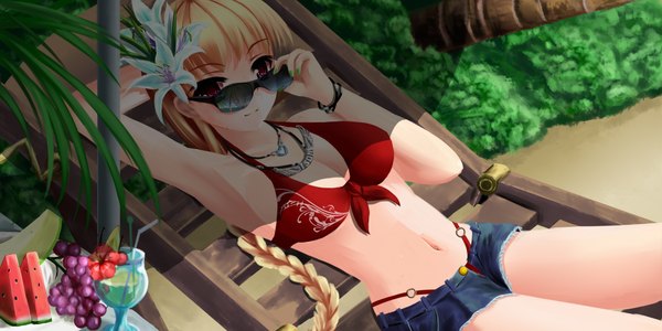 Anime picture 2000x1000 with original furai (blay) single long hair looking at viewer highres light erotic blonde hair red eyes wide image braid (braids) hair flower midriff sunglasses removed girl navel hair ornament swimsuit bikini shorts