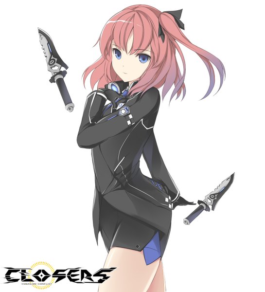 Anime picture 1500x1650 with closers seulbi lee arin (artist) single tall image looking at viewer fringe short hair blue eyes pink hair inscription one side up girl gloves black gloves knife