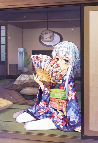 Anime picture 2031x2952 with kantai collection hibiki destroyer tsubasa tsubasa single long hair tall image looking at viewer blush fringe highres blue eyes hair between eyes sitting holding payot silver hair full body bent knee (knees) indoors traditional clothes