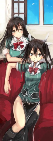 Anime picture 1000x2625 with kantai collection tone heavy cruiser chikuma heavy cruiser haik long hair tall image looking at viewer blush black hair sitting twintails multiple girls brown eyes girl thighhighs ribbon (ribbons) 2 girls hair ribbon window bowtie