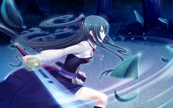 Anime picture 1280x800 with yamiyo ni odore rikudou sui tel-o long hair blue eyes black hair wide image game cg girl sword