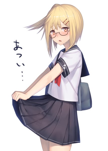 Anime picture 644x898 with original ac (eshi) single tall image looking at viewer blush short hair open mouth blonde hair simple background white background brown eyes inscription :o sweat heat girl uniform hair ornament glasses