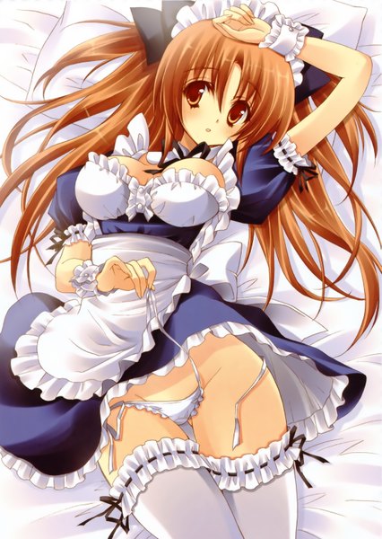 Anime picture 2306x3251 with tall image highres light erotic brown hair brown eyes maid girl thighhighs underwear panties white thighhighs side-tie panties