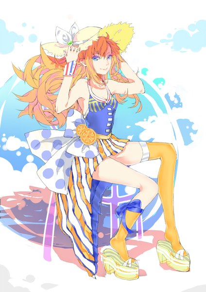 Anime picture 1400x1979 with original orangina kirired long hair tall image looking at viewer blue eyes smile sitting bare shoulders lips orange hair flag print france girl thighhighs dress ribbon (ribbons) hat socks