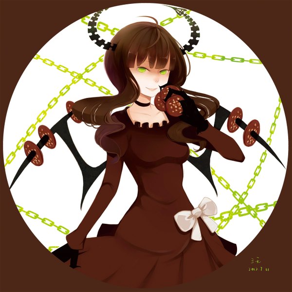 Anime picture 1370x1370 with black rock shooter dead master 3 non-patients (artist) single long hair looking at viewer smile brown hair green eyes signed horn (horns) lips teeth girl dress bow wings chain