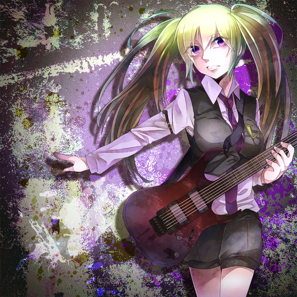 Anime picture 1200x1200 with vocaloid hatsune miku single long hair blush breasts open mouth purple eyes twintails looking away multicolored hair alternate costume girl shirt necktie shorts vest guitar bass guitar