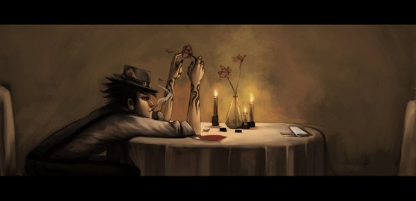 Anime picture 1280x619 with original ninjatic single short hair black hair red eyes wide image sitting tattoo smoking boy flower (flowers) hat petals chair table cigarette suspenders candle (candles) vase