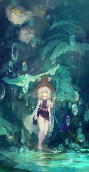 Anime picture 850x1639 with touhou moriya suwako rained (artist) single long hair tall image fringe standing holding white hair eyes closed traditional clothes barefoot bare legs legs pale skin alternate color girl skirt flower (flowers)
