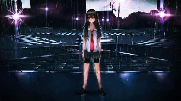 Anime picture 1500x842 with wide image rain scenic uniform bike shorts