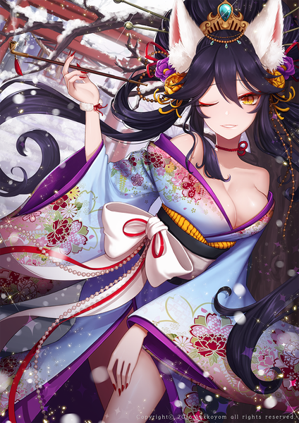Anime picture 1000x1415 with original ango long hair tall image looking at viewer fringe breasts light erotic black hair hair between eyes animal ears yellow eyes cleavage traditional clothes japanese clothes one eye closed wink wide sleeves sparkle dutch angle