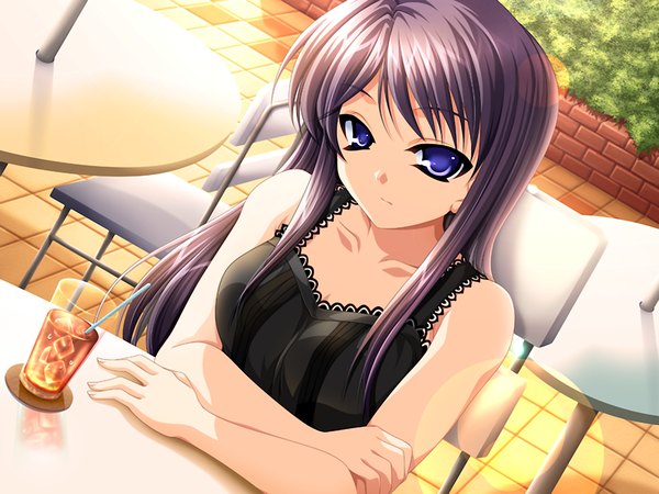 Anime picture 1200x900 with a profile (game) ono miku yasuyuki alpha (yukai na nakamatachi) single long hair looking at viewer blue eyes sitting game cg purple hair evening girl
