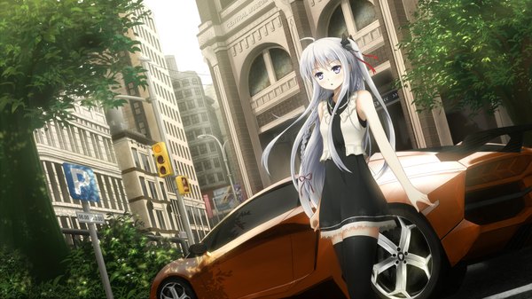 Anime picture 2200x1238 with original asakurashinji single long hair highres blue eyes wide image bare shoulders white hair girl thighhighs dress bow black thighhighs plant (plants) hair bow tree (trees) ground vehicle car
