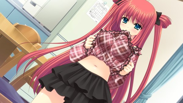 Anime picture 1280x720 with world wide love! (game) yamino yumeko long hair blue eyes wide image twintails game cg red hair girl skirt miniskirt