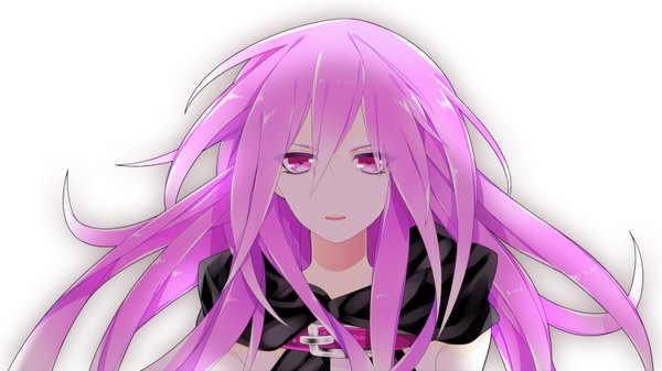 Anime picture 1500x844 with vocaloid unmei (vocaloid) gumi single looking at viewer open mouth simple background wide image white background pink hair pink eyes girl