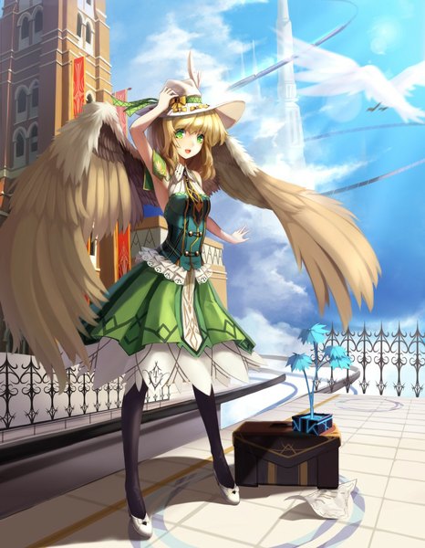 Anime picture 817x1050 with original cubies (tiger 205) single long hair tall image looking at viewer open mouth blonde hair standing green eyes sky cloud (clouds) armpit (armpits) girl plant (plants) hat animal wings bird (birds) building (buildings)