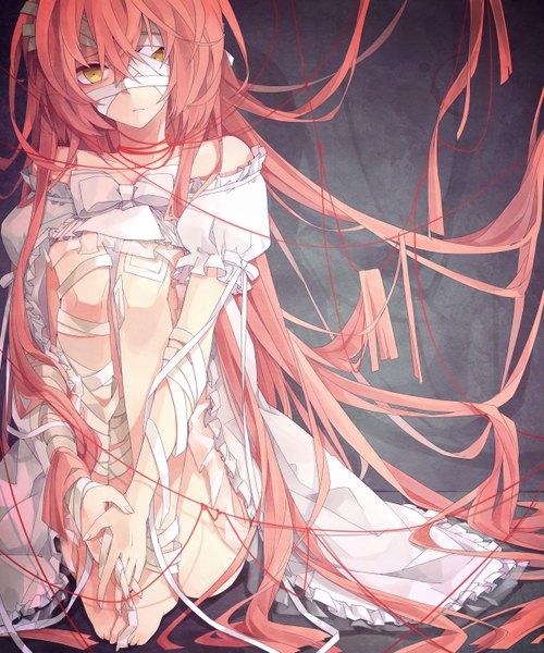 Anime picture 2500x3000 with original makkamatsuri single tall image looking at viewer highres simple background sitting bare shoulders yellow eyes pink hair very long hair barefoot no shoes dark background bandage over one eye girl dress bow white dress