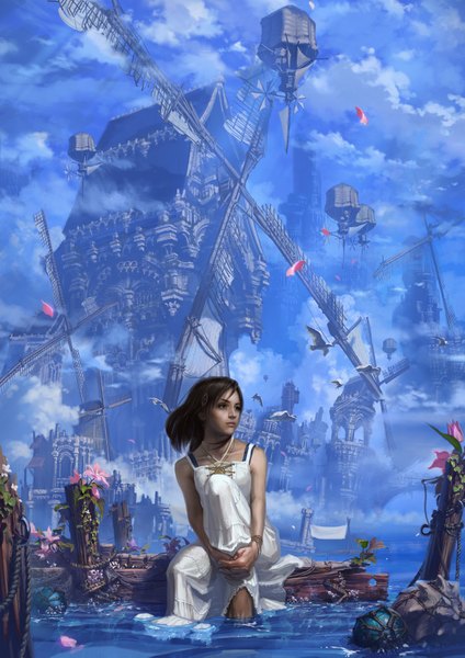 Anime picture 2923x4133 with original reishin single long hair tall image highres black hair sitting looking away sky cloud (clouds) landscape fantasy girl dress hair ornament flower (flowers) animal petals white dress