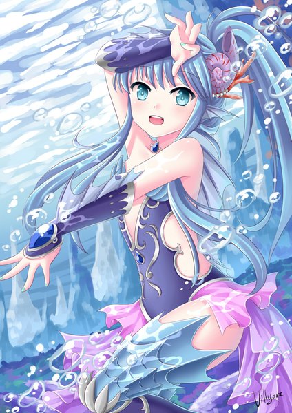 Anime picture 826x1169 with original villyane single long hair tall image blush open mouth blue eyes smile blue hair ponytail nail polish underwater girl bubble (bubbles) brooch seashell