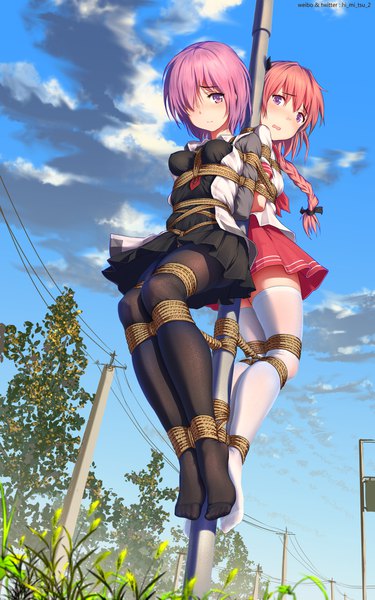 Anime picture 1241x1986 with fate (series) fate/grand order fate/apocrypha mash kyrielight astolfo (fate) tokinohimitsu long hair tall image looking at viewer blush fringe short hair breasts open mouth light erotic purple eyes signed pink hair sky cloud (clouds)