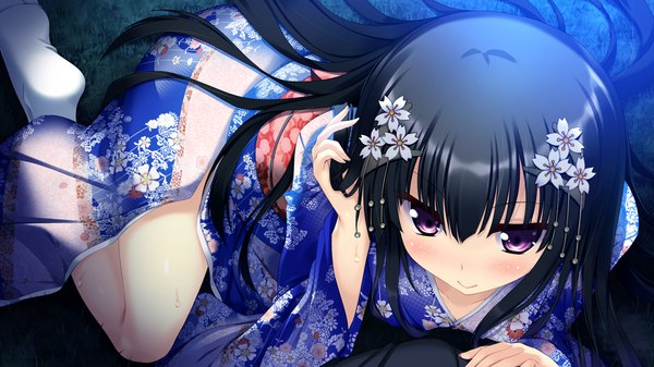 Anime picture 1280x720 with koiken otome minato shiho single long hair blush light erotic black hair smile wide image purple eyes game cg traditional clothes japanese clothes girl hair ornament kimono obi