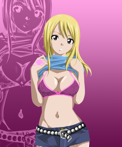 Anime picture 1400x1678 with fairy tail lucy heartfilia pablofcb single long hair tall image light erotic blonde hair brown eyes tattoo coloring pink background girl navel swimsuit bikini shorts