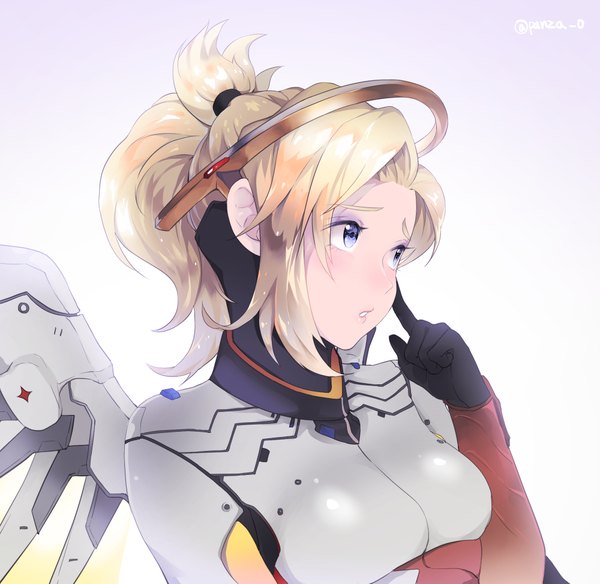 Anime picture 2000x1947 with overwatch blizzard entertainment mercy (overwatch) panza single highres short hair blue eyes blonde hair simple background signed looking away upper body ponytail parted lips gradient background eyeshadow breast hold makeup mechanical wings