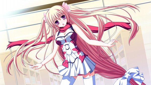 Anime picture 1280x720 with fortissimo//akkord:bsusvier (game) sakura (fortissimo) ooba kagerou single long hair open mouth blonde hair red eyes wide image game cg girl scarf