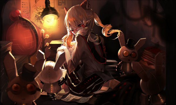 Anime picture 1400x840 with original pixiv fantasia pixiv fantasia new world sevten (ashkeroth) single long hair looking at viewer blonde hair wide image sitting twintails animal ears looking away drill hair light girl glasses paper lamp bunny