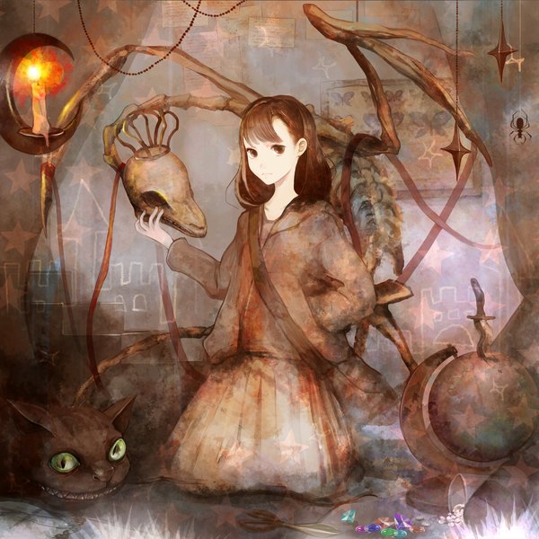 Anime picture 1300x1300 with original xxxxaki long hair looking at viewer fringe brown hair black eyes kneeling hand in pocket girl skirt weapon animal star (symbol) insect butterfly cat bag crown beads
