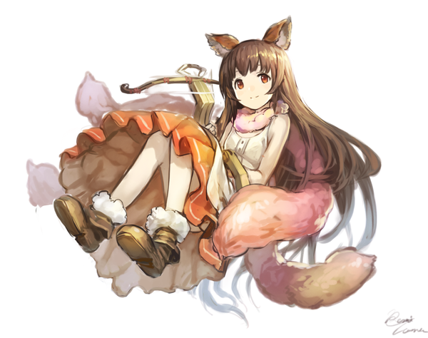 Anime picture 963x761 with granblue fantasy aster (granblue fantasy) benitama single long hair simple background red eyes brown hair white background bare shoulders holding signed animal ears full body bent knee (knees) tail animal tail light smile fur trim knees together feet apart