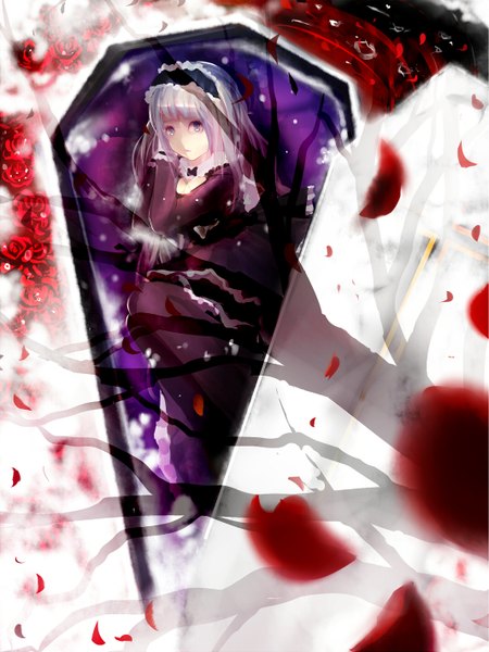 Anime picture 1065x1420 with original ted (taiwan) single long hair tall image looking at viewer purple eyes purple hair lying from above shadow looking up girl flower (flowers) petals hairband rose (roses) grave